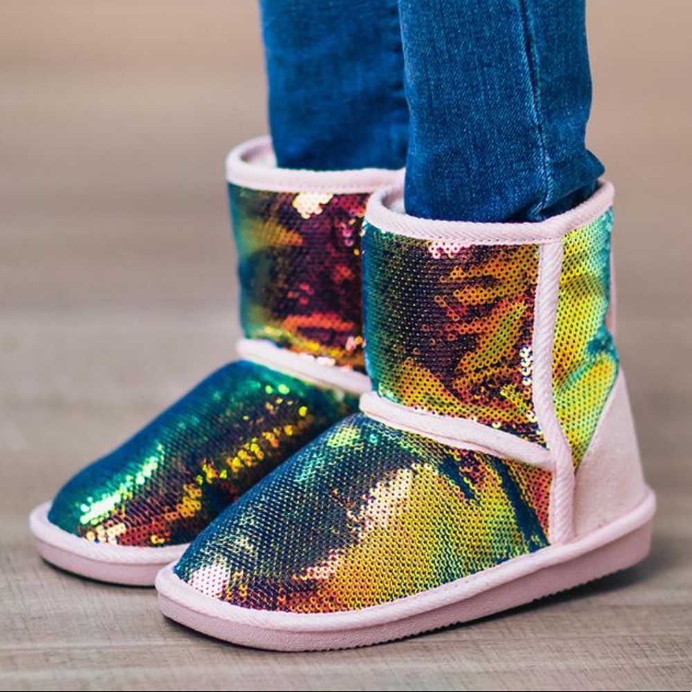 Girl’s Rainbow Sequin Faux Fur Boots